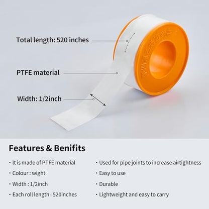 Teflon Tape-2pack Plumber Tape for Pipe Joints - Leak-Proof Pipe Sealant Tape with High Temperature Resistance, Durable for Shower, Faucet, Hose, Sink Drain, Triangle Valve