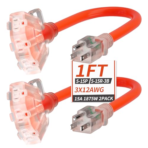 PlugSaf 1 FT 2 Pack 12/3 Gauge Outdoor Extension Cord with Multiple Outlets Light Indicator, Weatherproof 3 Outlet Heavy Duty Extension Cord Waterproof Orange, 15A 1875W 12AWG SJTW, ETL Listed - size: 1 FT-2pcs
