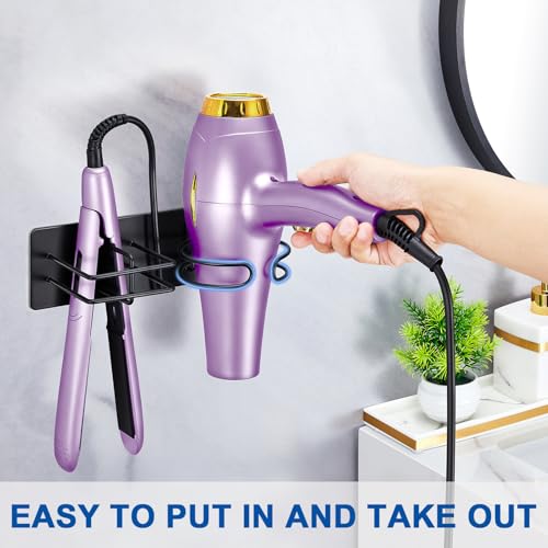 Hair Dryer and Straightener Holder Wall Mounted, Self Adhesive Blow Dryer and Flat Iron Storage Hair Tool Organizer for Bathroom Vanity (Black) - color: Matt Black