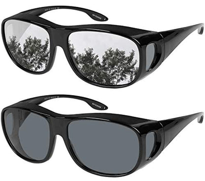 Fit Over Wrap Sunglasses Polarized Lens Wear Over Eyeglasses 100% UV Protection for Men and Women - color: Silver Mirror Lens and Smoke Lens