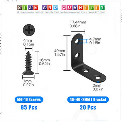 Glarks 20 Set 40mm Black L Angle Bracket Corner Brace Joint Fastener for Wood Chair Bookshelf Board Window Furniture Cabinet (40x40x2mm) - size: 40x40x2mm