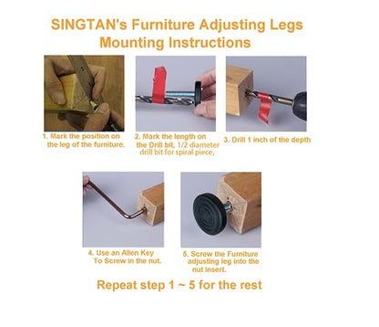 SINGTAN Furniture Levelers with Screw-in Nuts-4 Pack| Furniture Feet | Heavy Duty Adjusting Foot | 1" Adjustable Furniture Legs | table Levelers | chair Levelers,3/8"-16 Threaded bolt, thread pitch:16