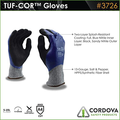 Cordova 3726 Tuf-Cor 13-Gauge HPPE/Glass Fiber Shell Gloves, Blue Full Black Sandy Palm ANSI Cut Level A4 - size: Large, style: 1-pack