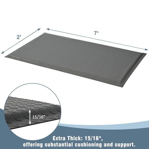Anti Fatigue Mats Industrial 2' x 7' 15/16" Extra Thick Ergonomic Standing Mat Commercial Kitchen Mat Heavy Duty Diamond Plate Shop Floor Mat Helps Relieve Back and Leg Soreness, Grey - size: 2' X 7'