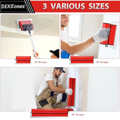 DEKEones Drywall Skimming Blade Set, Stainless Steel 10",16" & 24" Skimming Blades with 28"-62" Extension Handle Pole, Professional Drywall Skimming Tools for Smoothing Wall and Ceiling
