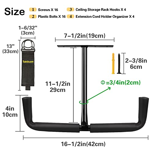 4 Set Overhead Garage Storage Rack, Heavy Duty Overhead Storage Double Hook, Ceiling Mount Hanger Safe Racks Hooks, Hanging for Lumber Ladder Storage & Other Bulky Items (Pack of 4 - Black) - size: Width 16.5in/42cm 4 Pack