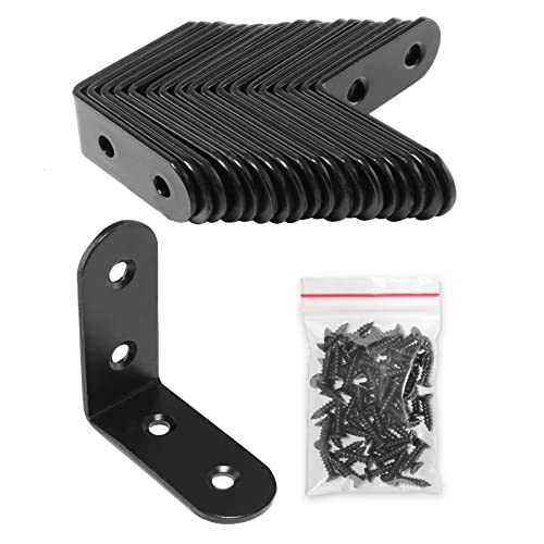 20 Pcs Black Corner Brace L Bracket, 50mm Stainless Steel Right Angle Brackets, Metal Joint Right Angle Bracket for Wood, Furniture, Shelves with Screws (2 Inch Black) - color: Black-Round hole, size: 2"-50mm