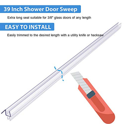 Butecare Premium Frameless Shower Door Bottom Seal Strip for Glass Doors - Shower Door Seal Sweep (3/8” x 39”, Clear Vinyl) - size: 3/8” x 39”