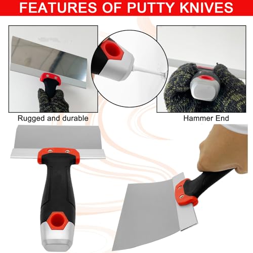 Drywall Knife Set, 10 Pcs Hand Tools Kit, Putty Knives Tapping Knife Multi-purpose Paint Scraper with Mud Pan Gloves for Drywall Work - color: Black - B Set