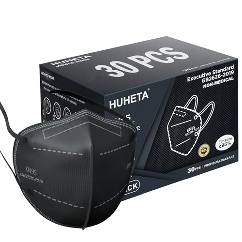 HUHETA KN95 Face Masks, Packs of 30 Individually Wrapped, 5-Ply Breathable and Comfortable Safety Mask, Filter Efficiency Over 95%, Protective Cup Dust Masks Against PM2.5 (Black Mask) - color: Black