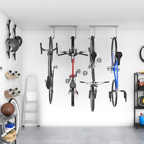 TORACK Overhead Bike Rack for Garage, Ceiling-Mounted Bicycle Storage Hooks for 2 Bikes (Horizontal) or 4 Bikes (Vertical), Adjustable Bicycle Hooks for Mountain, Road Bike - style: for 2 bikes