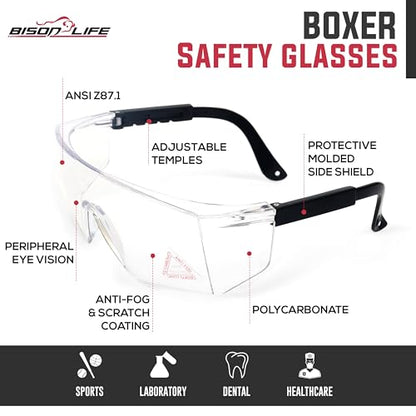 BISON LIFE Anti Fog Clear Safety Glasses with Adjustable Temple & Side Protection, Wraparound Anti-Scratch Lens, Clear Lens & Black Temple, Lab Goggles, Mowing, Gardening & More (Pack of 3) - color: Clear/Black