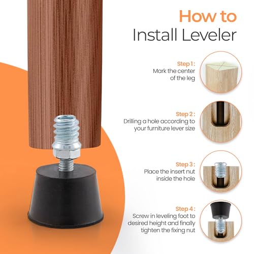NEWBYTEK Adjustable 1/4" Rubber Threaded Furniture Levelers - 8 Pack | Screw-in Table Chair Feet Glides for Chairs, Tables, Cabinets, Patio Furniture - size: 1/4-20 Thread, 8 Pack