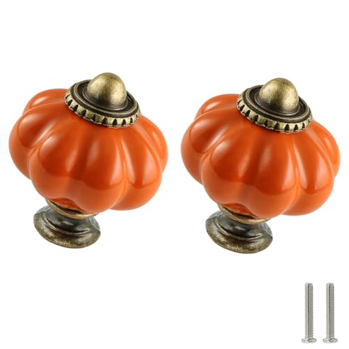 Orange Pumpkin Knobs 2 Pack Ceramic Cabinet Knobs Vintage Drawer Pulls - Antique Dresser Pulls with Screws for Closet Drawer Cupboard Cabinet and DIY Home Project - color: Orange