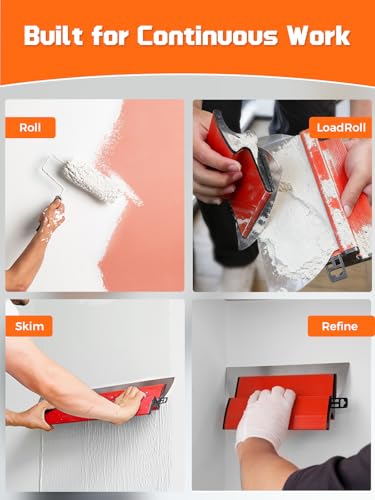 AZUNO Drywall Skimming Blade Set with Case| 10,16,24,32 Inch Stainless Steel Skimming Blades| 27"-60" Extension Handle, Compound Roller, Bucket Scoop & Putty Knife for Wall & Ceiling Finishing - size: 10+16+24+32 inch