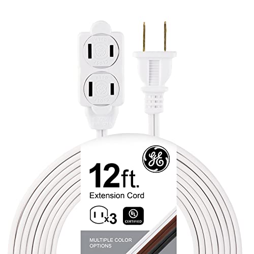GE 3-Outlet Extension Cord with Multiple Outlets 12 Ft Extension Cord Power Strip 2 Prong 16 Gauge Twist-to-Close Safety Covers Indoor Cord UL Listed White 86235 - size: 12 Ft