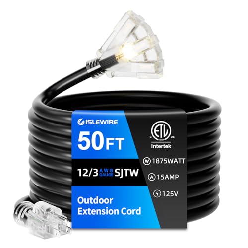 50 FT Outdoor Extension Cord with Multiple Outlets, 12 Gauge Heavy Duty Black Extension Cord Waterproof with 3 Outlet, 3 Prong Power Cord for Garden and Home Use Indicator Light, ETL Listed - color: Black, size: 50ft