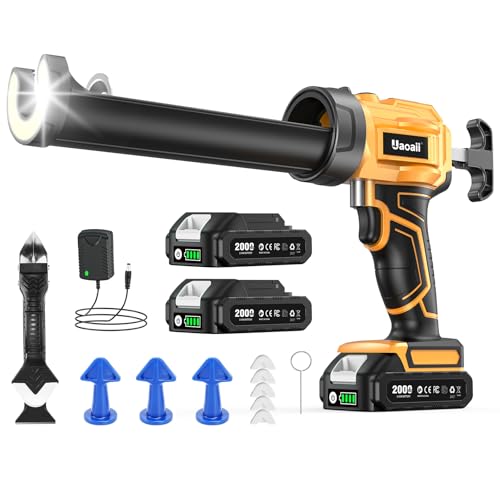 Electric Caulking Gun, Cordless Caulking Gun with 2x 2000mAh Batteries, 9Pcs Silicone Caulking Tools, 4 Adjustable Speeds, LED Light, 10OZ Battery Silicone Gun for Filling, Sealing (Yellow) - color: Yellow