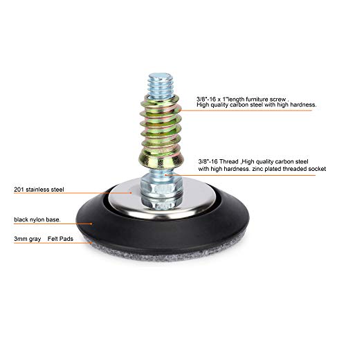 Furniture Levelers - Adjustable Leveling Legs for Tables Chairs Cabinets - 2.5" Diameter Base with 4 Felt Pads, 3/8"-16 Thread- S/S Polished Chrome (4 Pack)