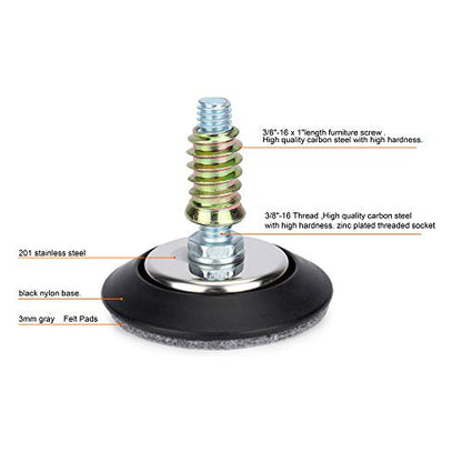 Furniture Levelers - Adjustable Leveling Legs for Tables Chairs Cabinets - 2.5" Diameter Base with 4 Felt Pads, 3/8"-16 Thread- S/S Polished Chrome (4 Pack)