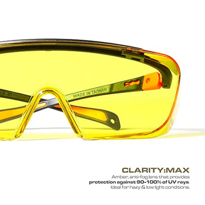Optic Max Safety Glasses That Fit Over Your Prescription Eyewear. Anti- Fog & Scratch Wraparound Lenses, Adjustable Arms - color: Amber, size: Over The Glasses