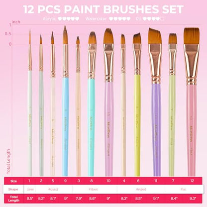 Nicpro 12pcs Artist Paint Brush Set, Aesthetic Pastel Paintbrushes Craft Paint Brushes for Acrylic Painting, Oil, Watercolor, Gouache, Tempera, Face, Body, Art Supplies for Artists and Beginners - color: Macaron