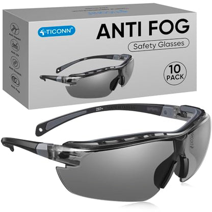 TICONN Anti-Fog Safety Glasses for Men and Women, ANSI Z87.1 Scratch Proof Eye Goggles with Adjustable Arms and UV Protection - style: 10 Pack/Gray