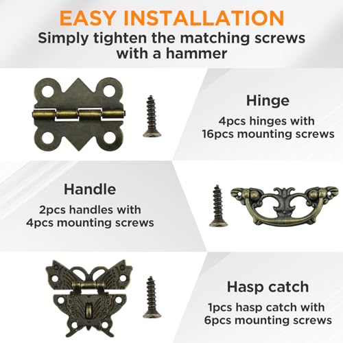1 Set Retro Engraved Jewelry Box Hinges Hasp Catch Handles Lock Set, Decorative Hardware Kit with Screws for DIY Wooden Case Furniture Cabinet Suitcase Decoration and Repairs (Antique Bronze)