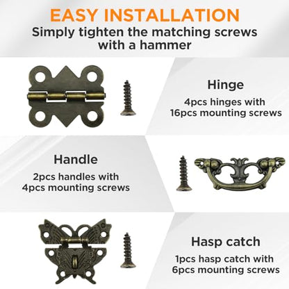 1 Set Retro Engraved Jewelry Box Hinges Hasp Catch Handles Lock Set, Decorative Hardware Kit with Screws for DIY Wooden Case Furniture Cabinet Suitcase Decoration and Repairs (Antique Bronze)