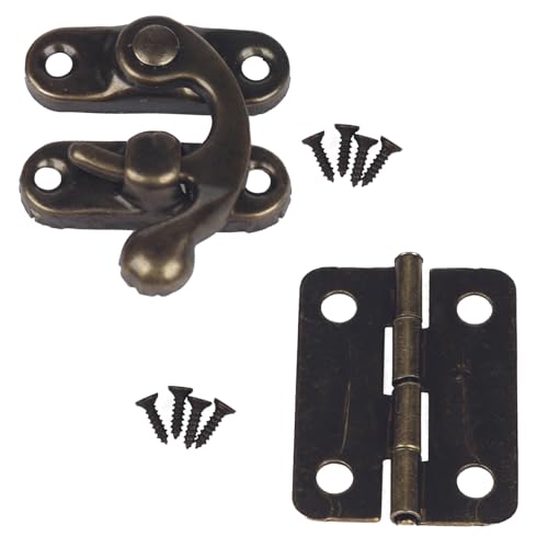 Small Antique Bronze Jewelry Box Hardware Kit, 2 Sets Right Latch Hook Hasp with 4 Hinges & Screws for Wood Chest, Gift Box, Cabinet, Craft Project