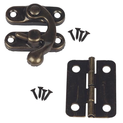 Small Antique Bronze Jewelry Box Hardware Kit, 2 Sets Right Latch Hook Hasp with 4 Hinges & Screws for Wood Chest, Gift Box, Cabinet, Craft Project
