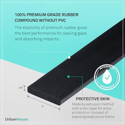 Neoprene Waterproof Rubber Foam 2" (w) x 3/8" (h) x 6 Feet Long Weather Stripping Door Seal Insulation Shock-Absorbing 3M Self-Adhesive Tape for Door Frames, Windows – Black, 1 Continuous Roll - size: 2" x 3/8" x 6'
