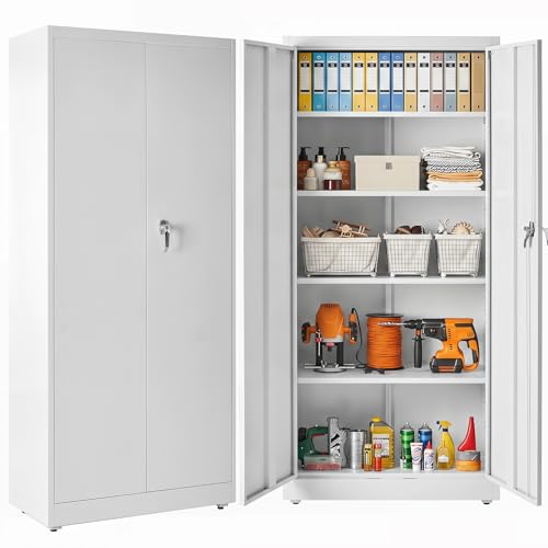 DUMOS Metal Storage Cabinet, 71" Locking Steel Storage Cabinet with 2 Doors and 5 Shelves, Tall Steel Cabinet for Garage, Home, Office, Gym,School, White - color: Classic White, size: 71"h-large