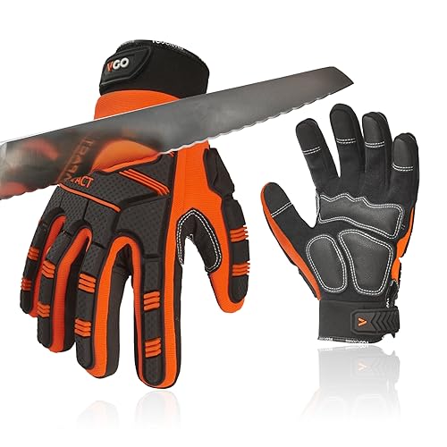 Vgo... Cut Resistant Gloves, Cutproof Leather Work Gloves Men Women,EN388 level E, ANSI level A5,Touchscreen,Mechanics Gloves - color: Orange(synthetic Leather), size: X-Large(1 Pair)