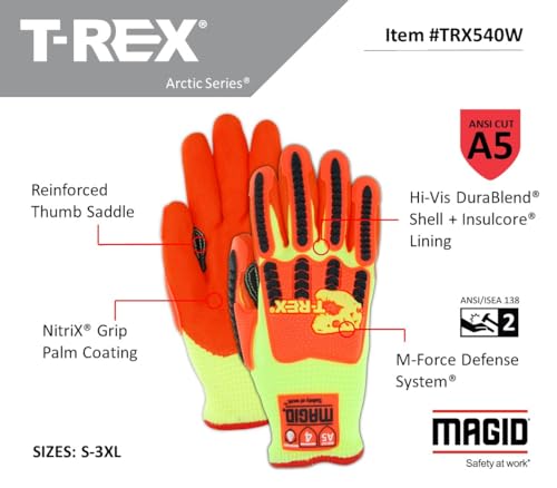 MAGID T-REX Arctic Series ANSI A5 Cut-Resistance, Thermal Impact Gloves, 48 Pairs, Waterproof, Hi-Viz Yellow/Orange, Size 8/Medium - size: 8/M, style: 48 Pairs