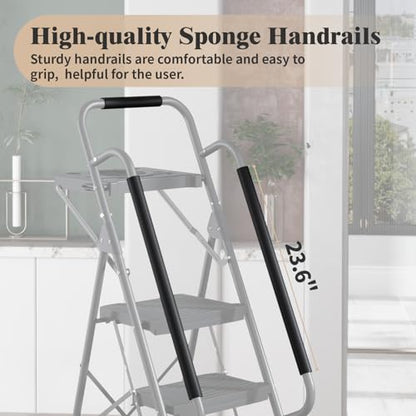KINGRACK 5 Step Ladder with Tool Platform, 900 lbs Sturdy Step Stool with Handrail, Folding Steel Ladder with Wide Pedal, Safety Ladder for Adults Home Outdoor Painting Garage Office - size: 5-step with tool tray and handrail