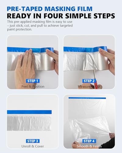 Pre-Taped Masking Film for Painting(1 Roll) - 44" x 66'Painters Plastic Sheeting with Tape and Drape, Painters Drop Cloth for Automotive & Home, Cover for Walls/Floors/Windows/Cars Protection - size: 1 Roll of 44" x 66'