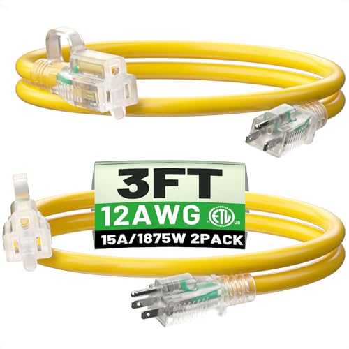 POWGRN 2 Pack 3 ft 12/3 Outdoor Extension Cord Waterproof Heavy Duty with Lighted Indicator End 12 Gauge 3 Prong, Flexible Cold-Resistant Long Power Cord Outside, 15Amp 1875W Yellow ETL Listed - size: 3FT-2pc, style: 1 Outlet