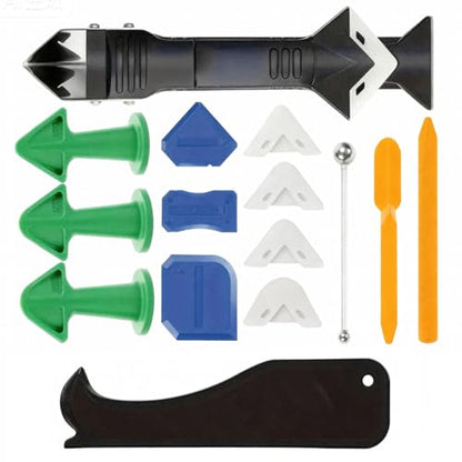 15-Piece Professional Sealant Finishing Kit: 3-in-1 Silicone Caulking Tool Set with Caulk Remover for Kitchen, Bathroom, Window, Door Gap Filling - Includes Scrapers, Nozzles & Corner Tools