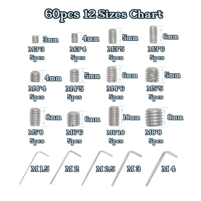 60pcs Set Screws, Allen Head Screws, Grub Screws M3 M4 M5 M6 M8 for Home Repair, Install Door Lock, Repair Furniture, Electronic Product, DIY, Fixtures (Stainless Steel 12 Sizes) - size: 60pcs(stainless Steel 12 Sizes)