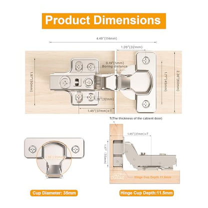 4pcs Professional Grade Inset Soft Close Cabinet Hinges, Frameless Concealed European Style with Four-Hole Clip-On Mounting Plate and Screws, Nickel Plated Finish - color: Inset, size: 2 Pairs