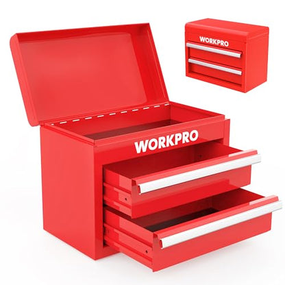 WORKPRO Mini Metal Tool Box with 2 Drawers and Top Storage, Small Tool Chest with PVC Liners and PP Feet Pads, Cold Rolled Steel Toolbox with Magnetic Tab - color: Red