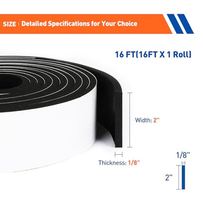 MAGZO Weather Stripping Door Seal, 2 Inch Wide X 1/8 Inch Thick Adhesive Foam Tape Soundproof Weatherstripping for Windows, 1 Roll Total 16FT Black - size: 2in * 1/8in * 16FT