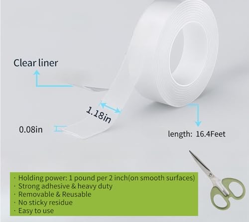 Double Sided Tape Heavy Duty,Clear 1.18 inch × 196 inch Nano Tape, Removable mounting Tape for Hanging Picture,Poster