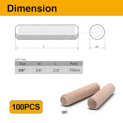 100 Pcs Wooden Dowel Pins, 3/8 x 2 inch Fluted Wood Dowels Hardwood Pegs for Sofa Frames, Heavy Furniture Repair, Large-Scale Wood Projects - size: 100PCS 3/8X2