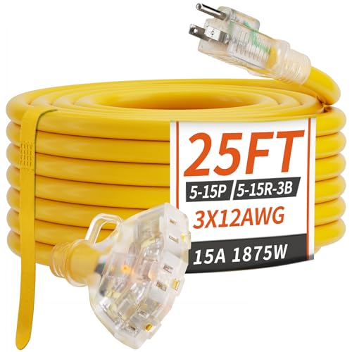 PlugSaf 25 FT 12/3 Gauge Outdoor Extension Cord with Multiple Outlets Light Indicator, Flexible 3 Outlet Weatherproof Heavy Duty Extension Cord Waterproof Yellow, 15A 1875W 12AWG SJTW, ETL Listed - size: 25FT