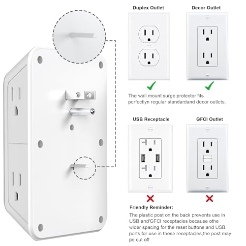 JcBlaon Surge Protector Outlet Extender 6 Outlet Extender with 4 USB Ports (PD 30W), 3 Sided 1050J Multi Plug Wall Adapter Power Strip for Home Travel Office Essentials - color: White PD30W 1PC