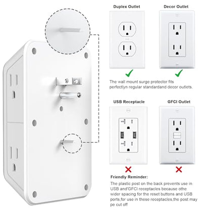2 Pack Outlet Extender Surge Protector, 6 Outlet Splitter with 4 USB Outlet (2 USB A,2 USB C), 3Sided Power Strip with Adapter Spaced Outlets for Home, Office, Travel(White) - color: White 2PCS