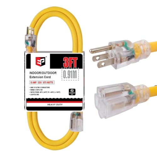 EP 3 Ft Lighted Outdoor Extension Cord - 10/3 SJTW Heavy Duty Yellow Extension Cable with 3 Prong Grounded Plug for Safety, ETL Listed - color: Yellow, size: 3ft