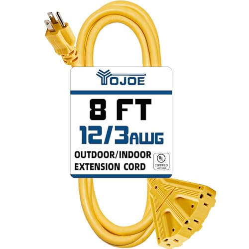 YOJOE 3-Outlets Indoor Outdoor Extension Cord, 3 Prong 15A Weatherproof Power Cord Multiple Outlets, 12 Gauge Heavy Duty 8 ft Yellow Extension Cord for Garage, Garden, 12/3 SJTW UL Listed - color: Yellow, size: 8 Foot